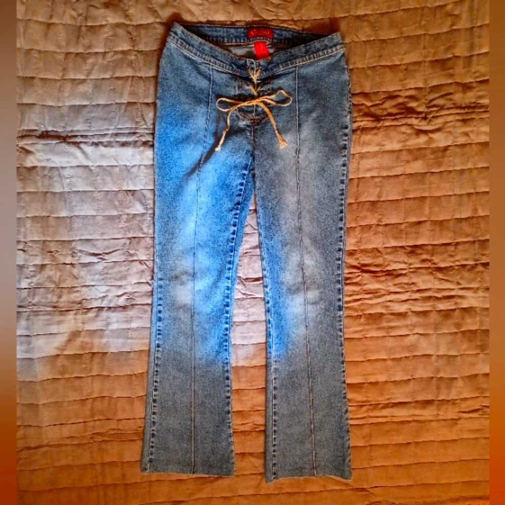 BE BOP vintage low rider bell bottom lace up jeans size 5 in blue.